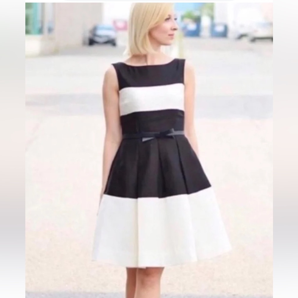 KATE SPADE Gayle Black Ivory Stripe Colorblock Pleated Cocktail Work Dress 0